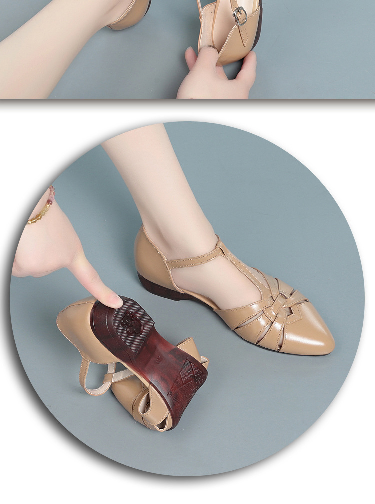 Dép sandal nữ da thật đế bằng quai chữ V mùa hè — màu be chi tiết 11
