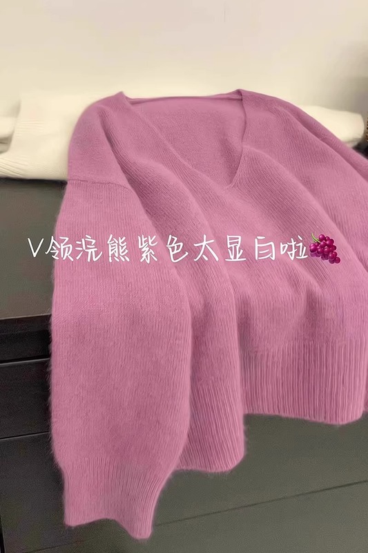 蓝色v领毛衣针织衫女浣熊绒秋冬外穿宽松慵懒风软糯短款套头上衣|undefined