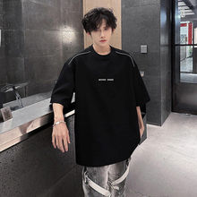 美式高街hiphop圆领短袖男生夏季痞帅烫金拉链t恤潮牌情侣半截袖