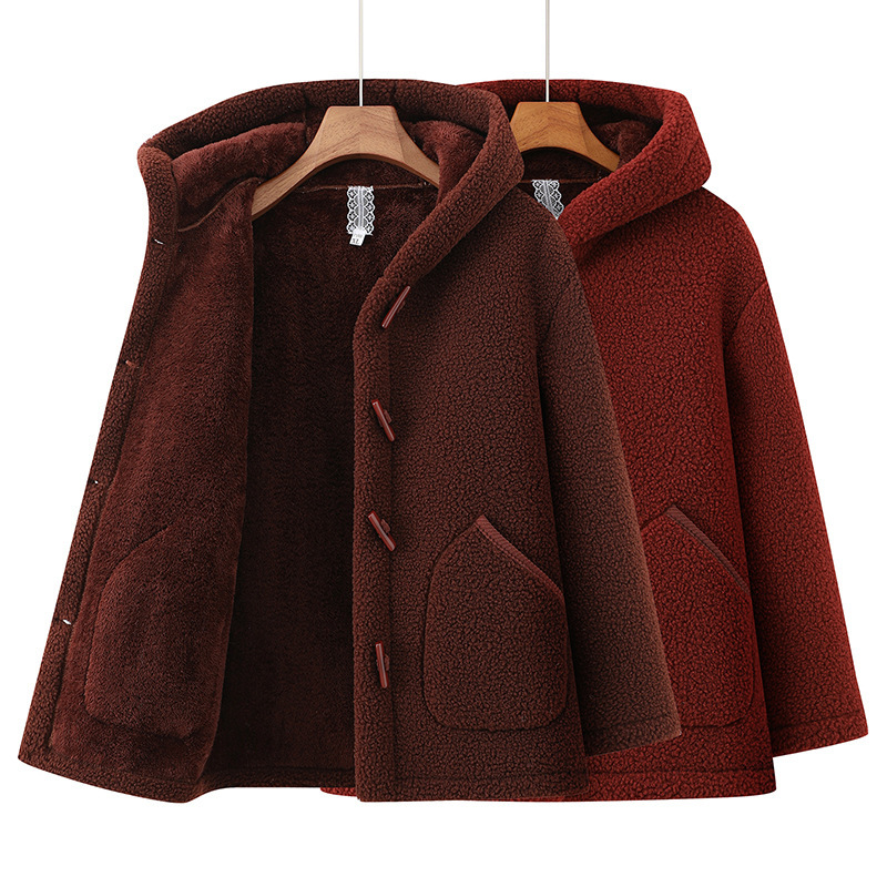 Middle-Aged New Lamb Wool Hooded Jacket Plus Size Women's Polar Fleece Cardigan Mom Plus Size Casual Top