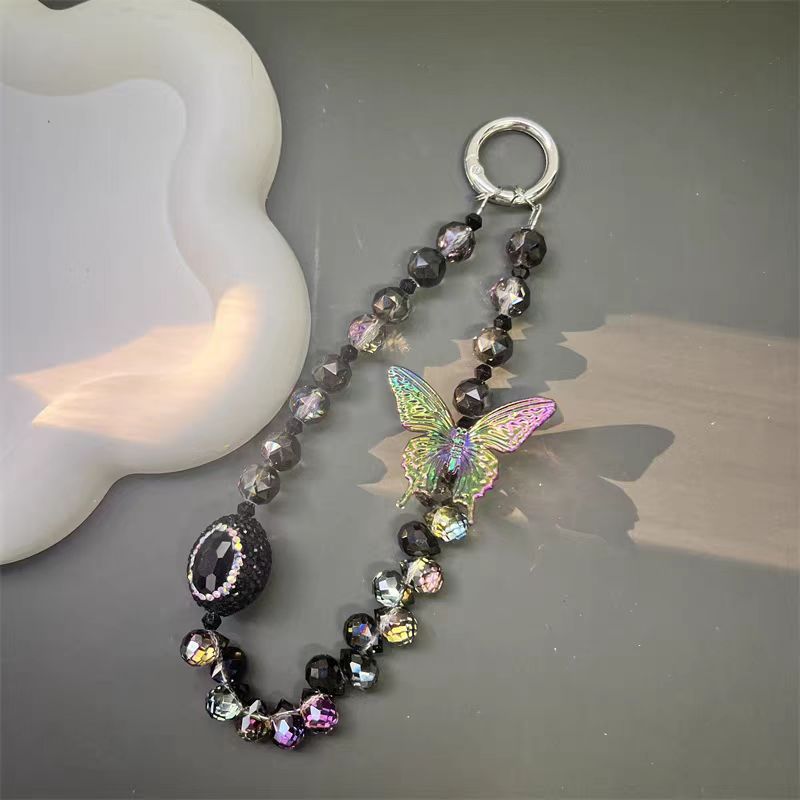 Cadena de teléfono móvil de cristal tridimensional de alta calidad, bola de diamantes de imitación de mariposa de lujo ligero, cordón de teléfono móvil, cordón de muñeca corto nuevo