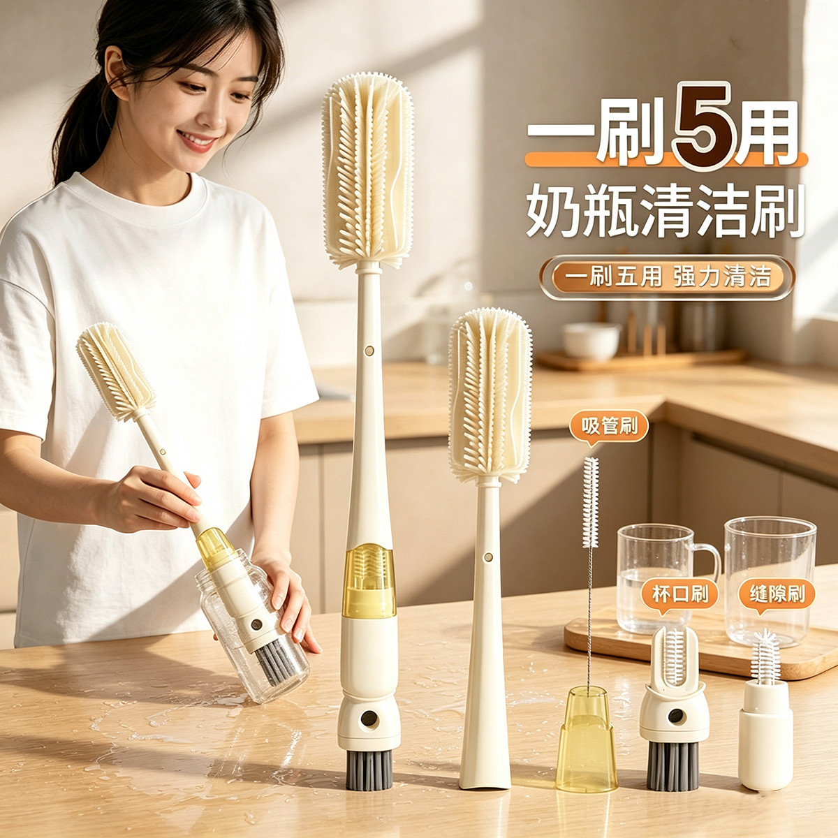 Multifunctional Silicone Cup Brush, Bottle Brush, Five-In-One Household Cleaning Brush, Thermos Cup Cleaning Brush, Cup Lid and Straw Brush