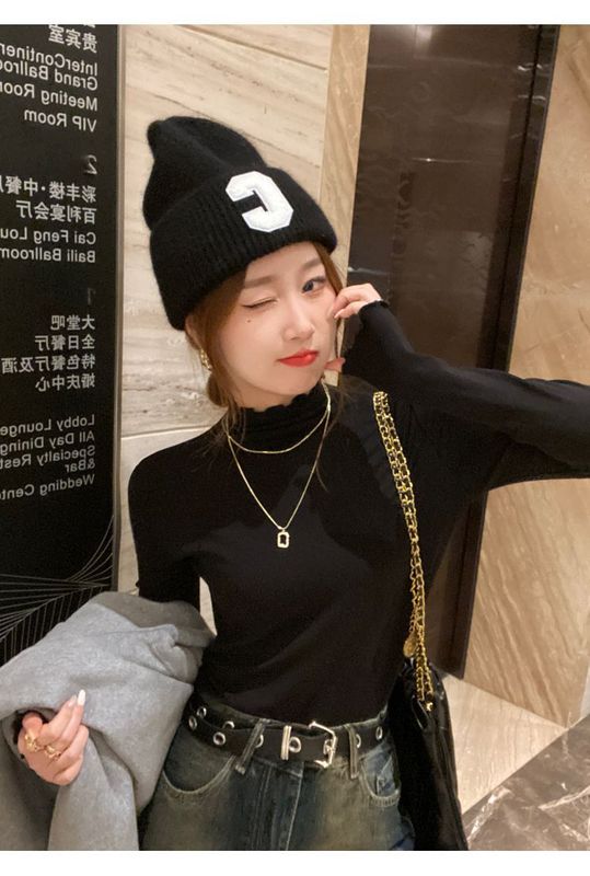 2025年上衣潮木耳边半高领黑色打底衫女韩版加绒修身春秋内搭长袖|undefined