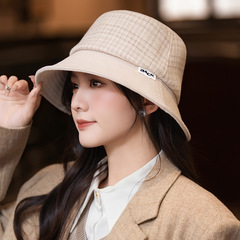 帽子女秋冬日系百搭小香风格子渔夫帽户外休闲盆帽大头围水桶帽新