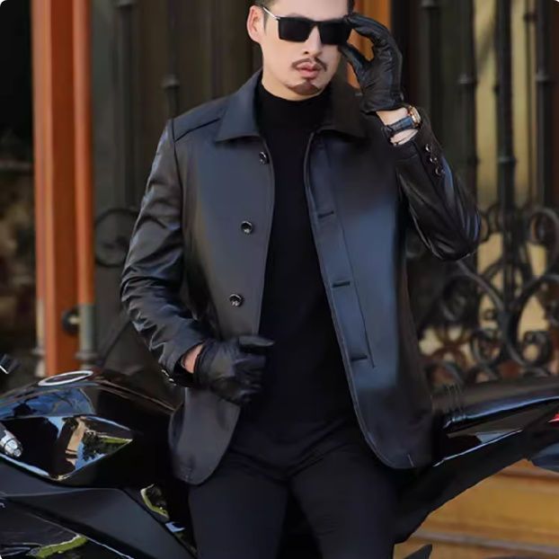 Haining Genuine Leather Jacket for Men, Sheepskin Button Leather Jacket, Men's Fleece-Lined Thickened Jacket for Middle-Aged and Elderly Dads, Bargain Find