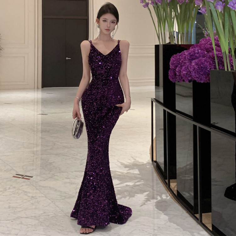 Sexy Purple Sequins Cross Backless Super Long Mop dress 2025 Summer New Celebrity Dress Fishtail Dress