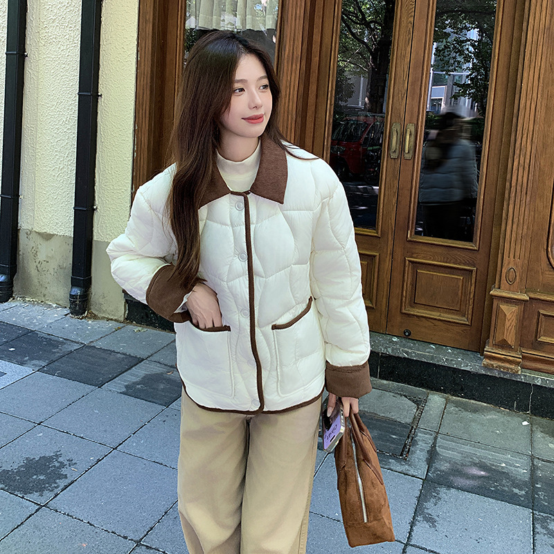Moda coreana de color contrastante de lana de lana empalmada abrigo de algodón de invierno femenino retro suelto delgado abrigo de algodón cálido image 2