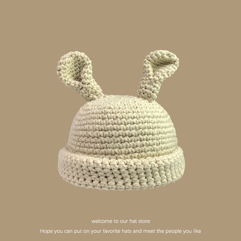 New Korean Handmade Thick Needle Cute Girl Sweet and Cute Rabbit Ear Knitted Hat for Women in Autumn and Winter Versatile Warm Knitted Hat_voghion.com