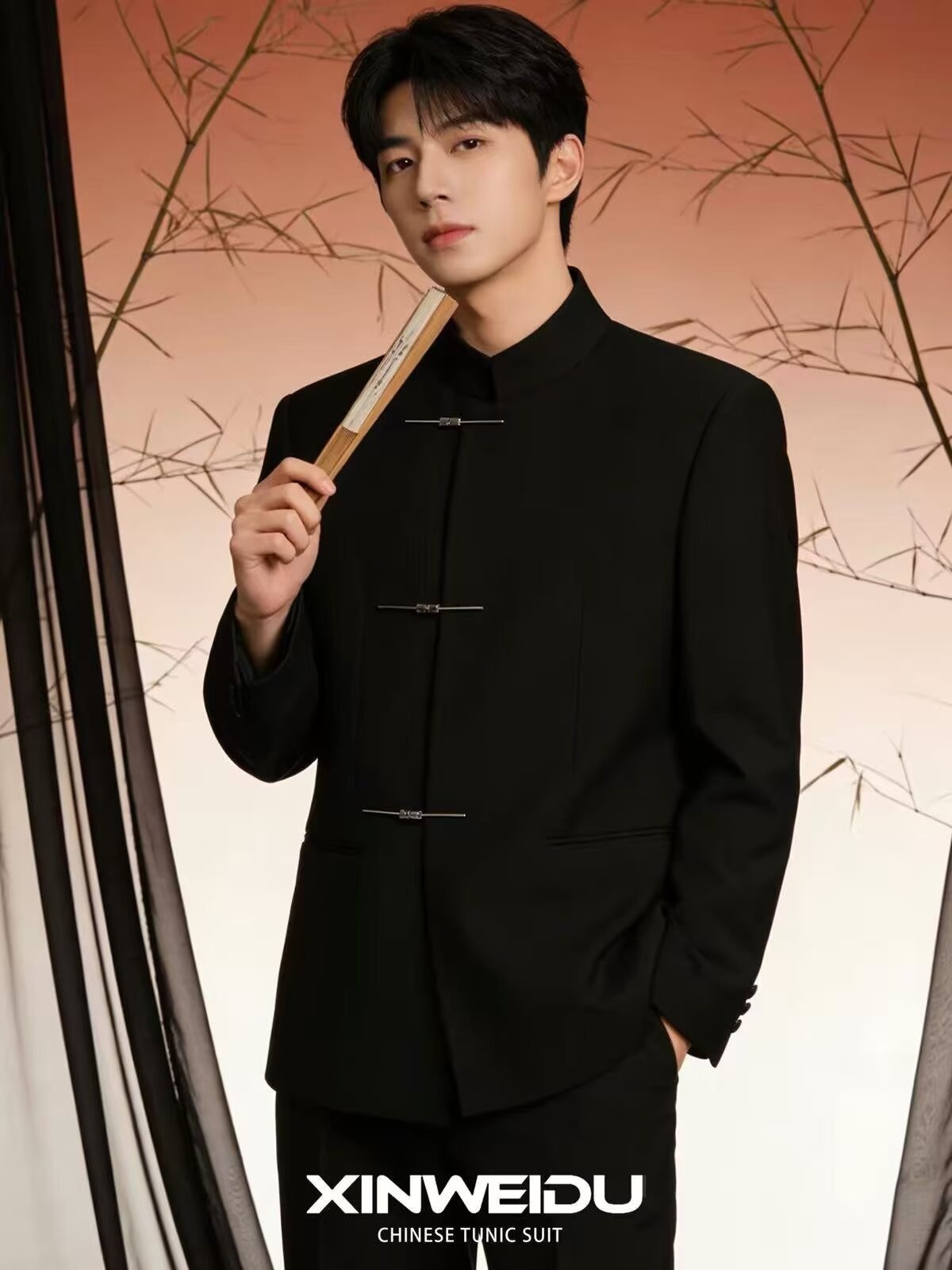 New Chinese style men's suit jacket, spring and autumn style, wedding suit, stand-up collar, airplane button, Zhongshan suit, black suit.