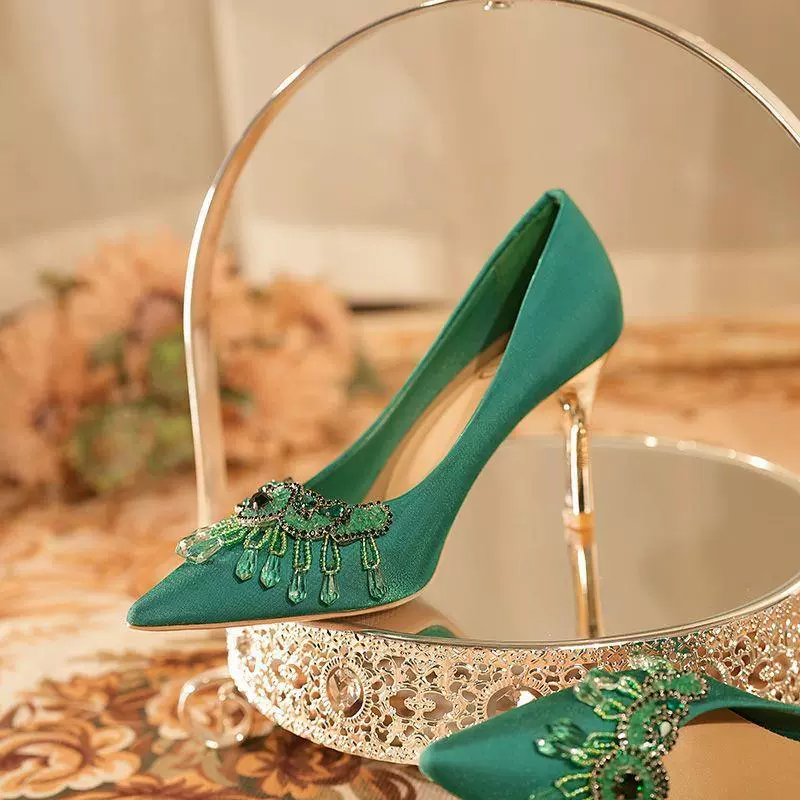 Зеленые туфли на высоком каблуке свадебные туфли невесты обувь женская 2024 весна мода новый китайский стиль шоу-шоу