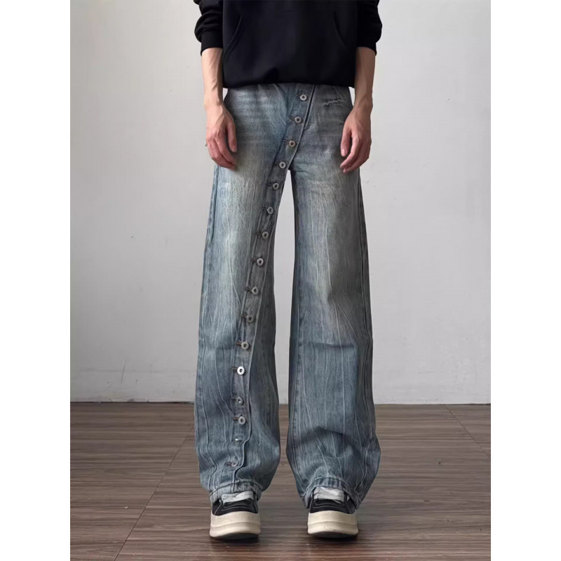 Stylish diagonal button-front washed denim jeans for men, spring season, high-end feel, loose straight wide-leg curved flare pants Stylish diagonal button-front washed denim jeans for men, spring season, high-end feel, loose straight wide-leg curved flare pants