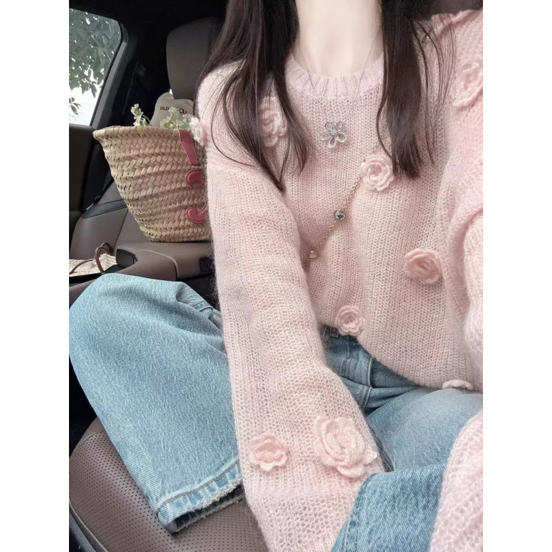 Kaning Korean Round Neck Thin Long-Sleeved Knitwear 2025 Autum Women's New Loose Slimming Look Flower Top