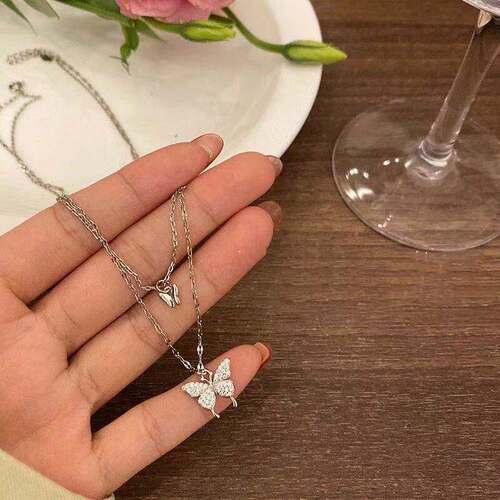 Double-layer butterfly necklace~Flash diamond  spring and summer new trendy necklace for women ins Korean versatile cold style clavicle chain