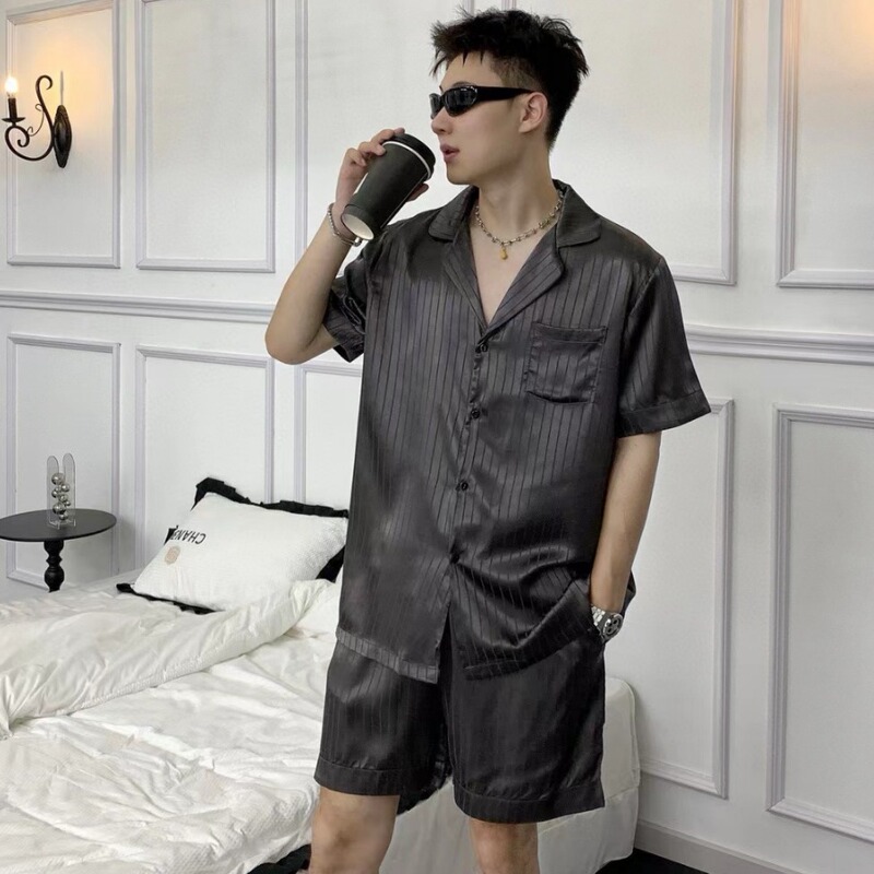 Fashionable Big Brand Thin Silk Home Wear Korean Style Design Sense Men's Short Sleeve Shorts Beach Wear Ice Silk Casual Pajamas