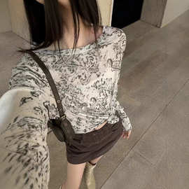 豹豹T~野性慵懒范！水墨晕染印花打底薄款T恤女夏季新上衣针织衫