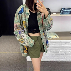 25南油新款美式花卉涂鸦印花格子格纹衬衫