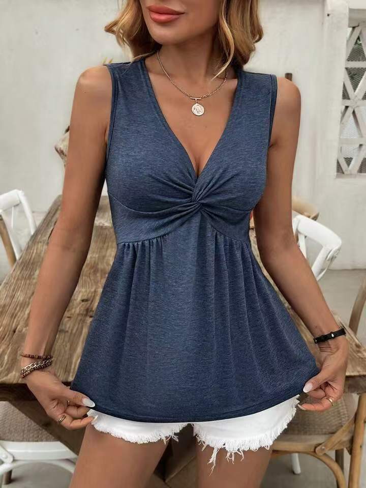 Women's Sleeveless V-Neck Vest T-Shirt With Twisted Pleats Waist Cinching Summer Fashion Tank Top_ecoleips.com