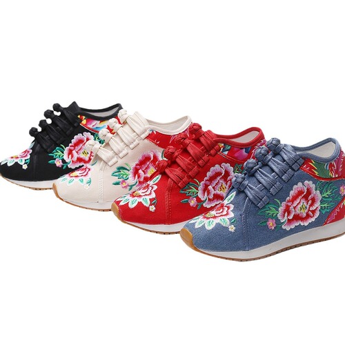 Single shoes/velvet travel shoes, canvas embroidered shoes, women's casual shoes, high-heeled sports shoes