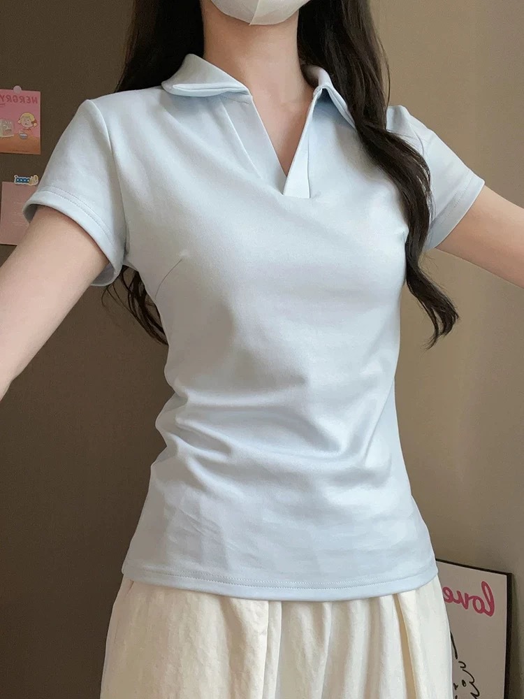한국 스타일 도파민 블루 컬러의 여성용 반팔 티셔츠, 슬림핏 디자인, 허리를 잘록하게 잡아주는 슬리밍 효과의 폴로 셔츠 탑