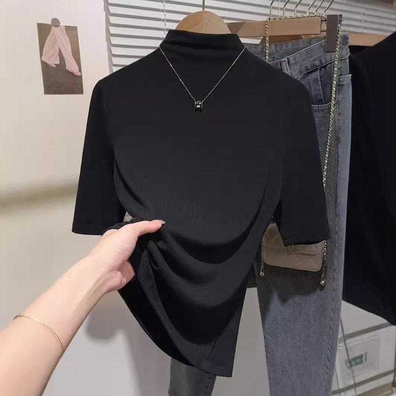 Right Shoulder Black Half Turtleneck Mid-Sleeve T-Shirt for Women 2025 Early Spring with Threaded Knitted Bottoming Shirt Five-Quarter Sleeve Top