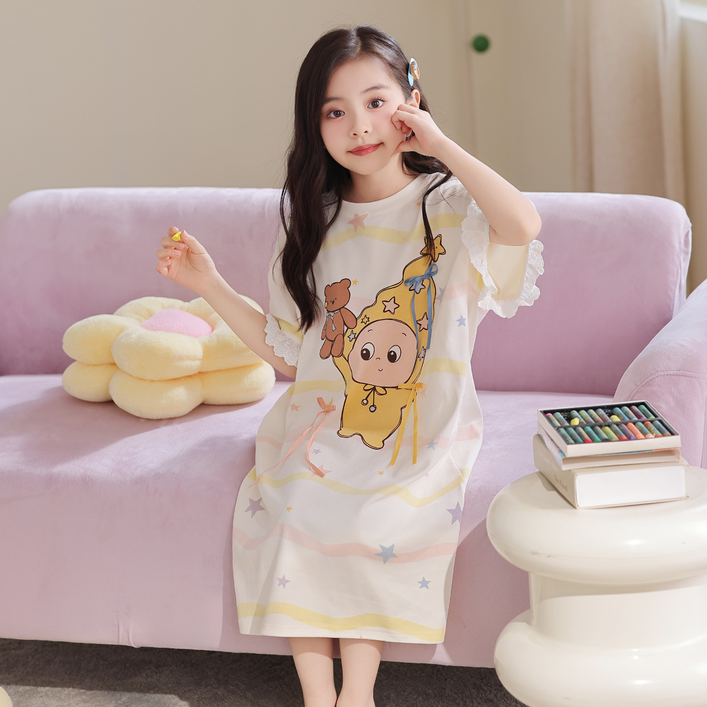 Pijama de niñas de verano algodón de mangas cortas pijama delgada pijama de niños princesa adolescente ropa para el hogar de niños image 4