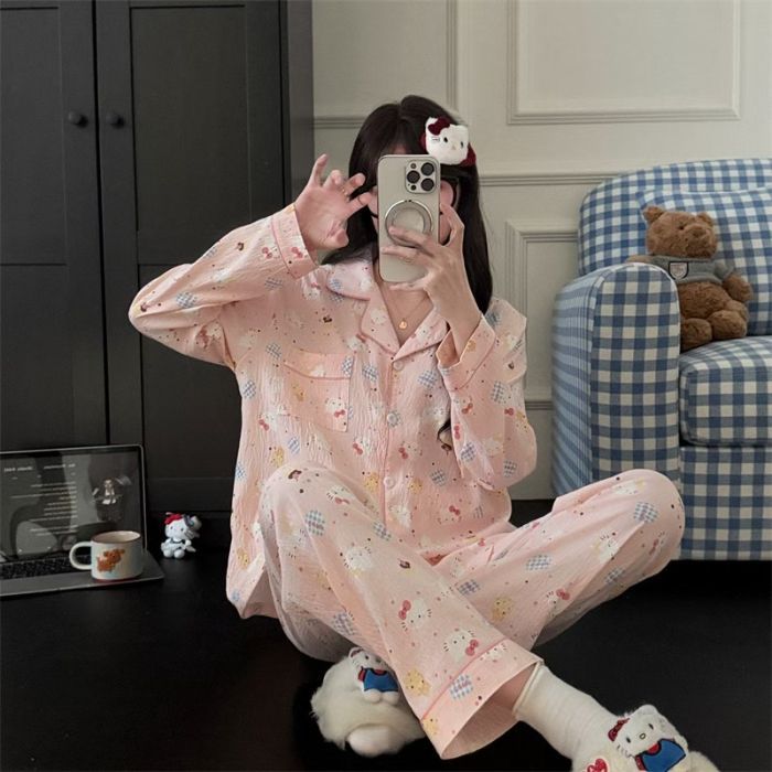 Al por mayor transfronterizo cien pijamas de verano mujeres 2025 nuevas nubes de algodón pantalones de manga larga dibujos animados lindos ropa para el hogar
