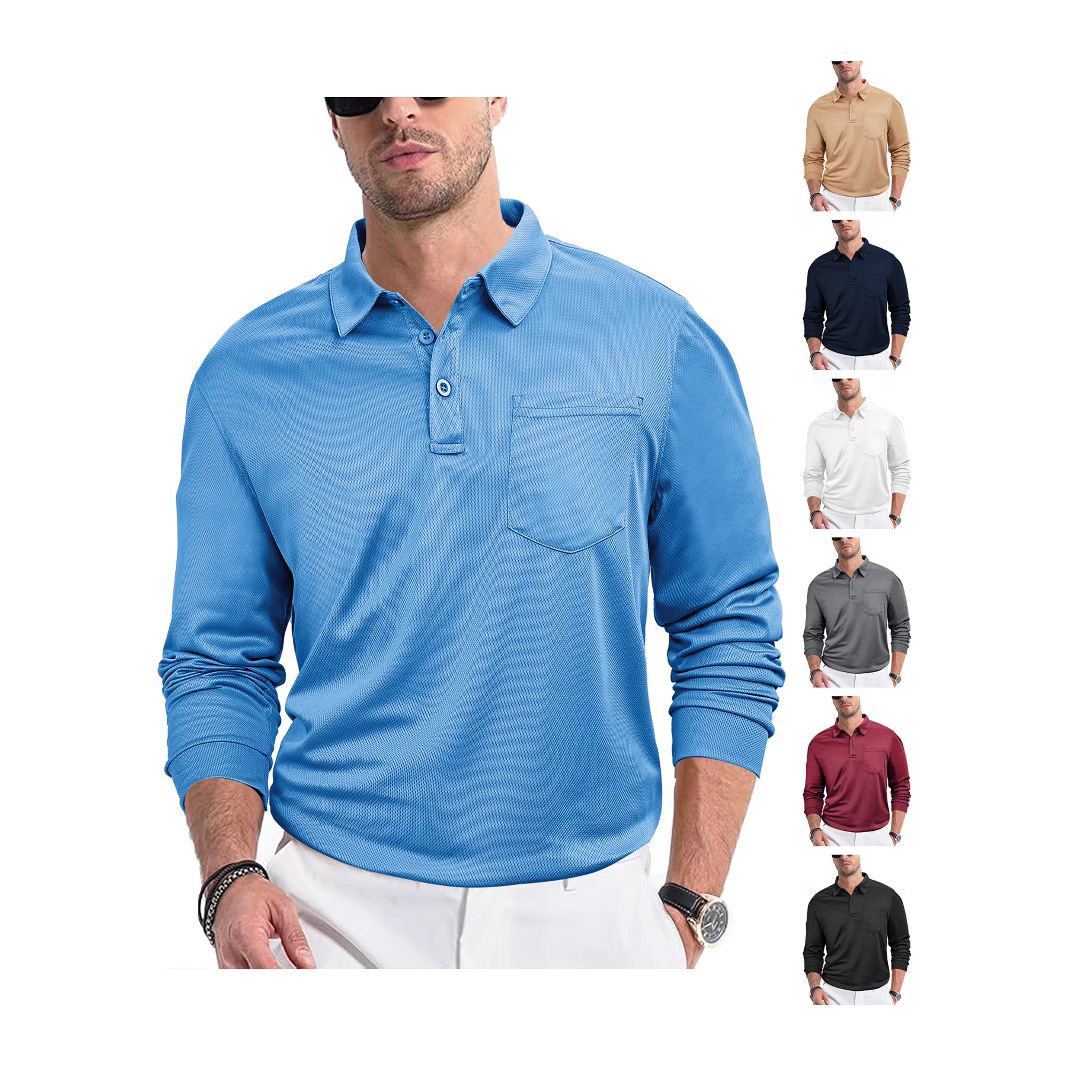Transfronterizo Europa y América ropa de hombre casual botones sueltos collar de tela de malla de manga larga de color sólido camisa polo de hombre