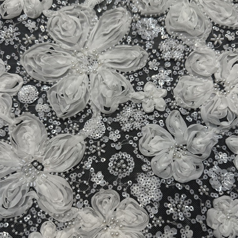 Discos de encaje de flores tridimensionales bordados vestido de novia blanco de alta calidad tela de moda tela de bordado de lentejuelas LACE
