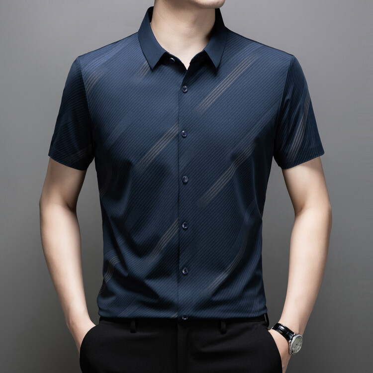 Summer New Short-Sleeved Shirt Men's Business Casual Ice Silk Fully Seamless Striped Printed Middle-Aged Men's Short-Sleeved Shirt
