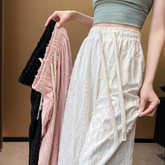 Design Sense Abraded Hot Drilling High Waist Casual Pants Women's 2025 Summer New Drawstring Wide Leg Pants Trousers
