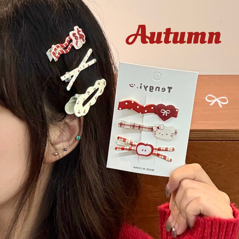 Cute Girl Heartbroken Floral Plaid Kitten Hairpin Set High-Value Versatile Bangs Clip Elegant Duckbill Clip Hair Accessory