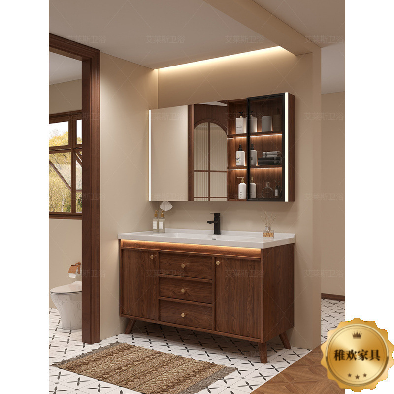 Ceramic Aesthetic Washbasin Bathroom Integrated Floor-Standing Bathroom Cabinet Set Walnut Washstand Face Wash Basin Song-Style Ceramic Aesthetic Washbasin Bathroom Integrated Floor-Standing Bathroom Cabinet Set Walnut Washstand Face Wash Basin Song-Style