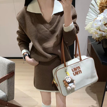 韩版学院风拼接大翻领毛衣两件套女秋冬新款假两件针织半身裙套装