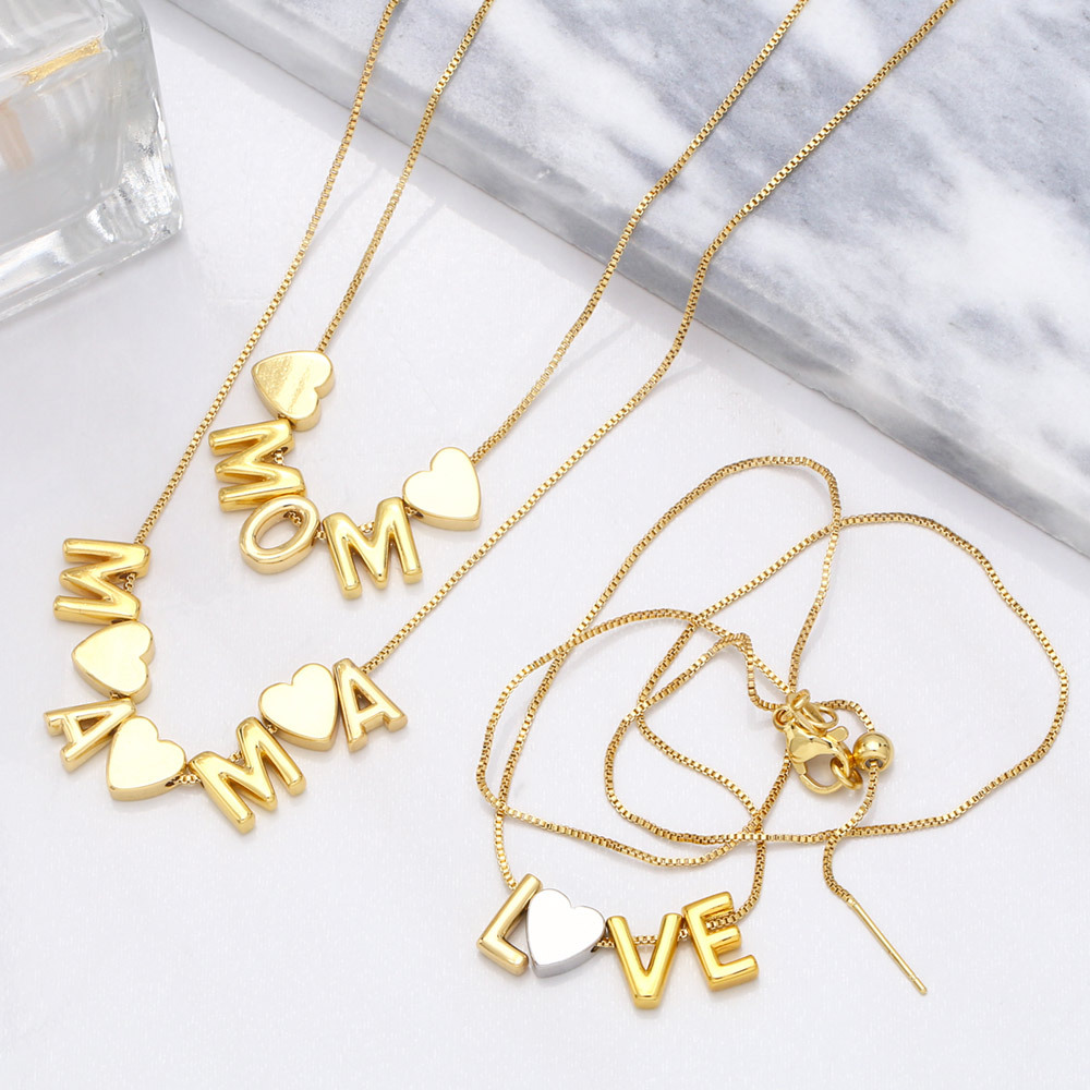 Fashion Letter Mama Mom Pendant Heart Copper 18K Gold-plated Inlaid Color Zircon Necklace
