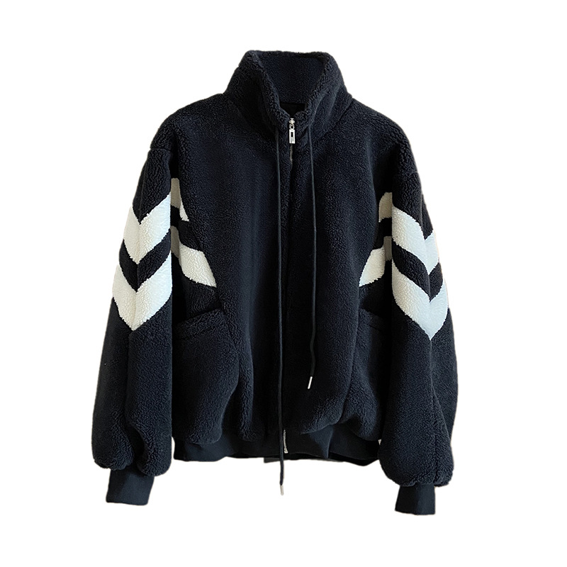 Damenbekleidung Schwarz-weiß farblich passende Lammwolljacke für Damen im Winter neuer koreanischer Stil mit lockerem, dickem Polarfleece, warmer Baumwollmantel_voghion.com