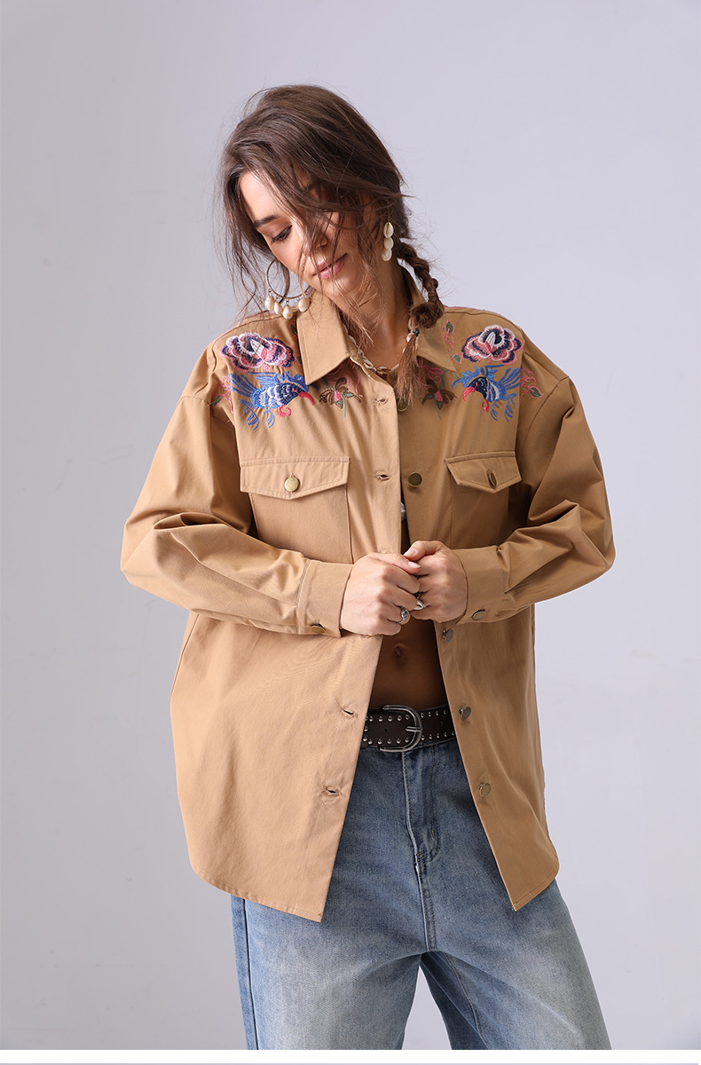 Europa y Estados Unidos retro bordado camisa de trabajo mujer abrigo de manga larga con solapa suelta primavera y otoño nuevo estilo de moda versátil chaqueta