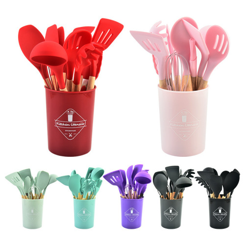 Factory direct sales 12-piece set of wooden handle silicone kitchen tools non-stick pan cooking cooking spatula baking storage set