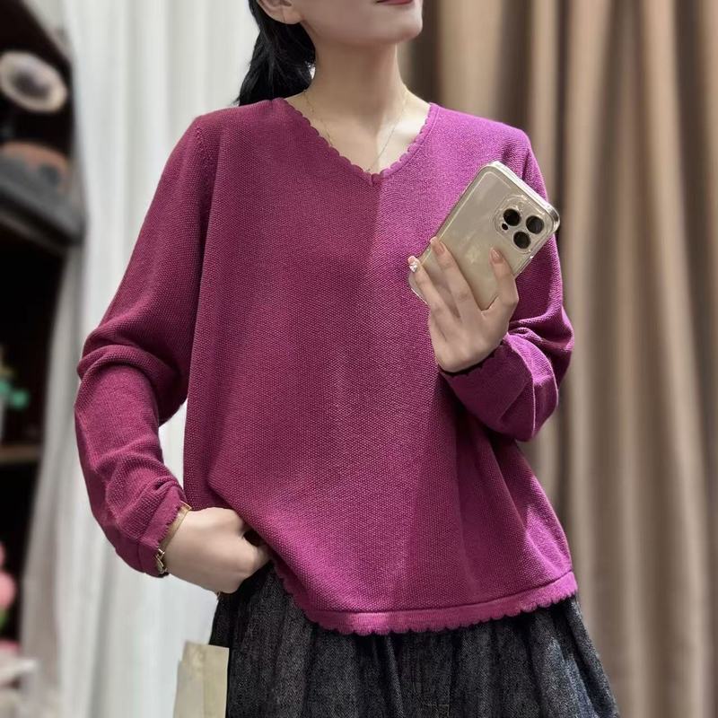 2025秋韩版宽松简约V领波浪边纯色套头针织衫百搭毛衣上衣女0820|undefined