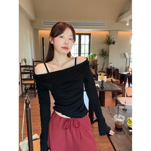MR【Modal Cotton】False Two-Piece Shoulder-Strap Splicing Long-Sleeve Knit Top for Women, Autumn Mulberry Edge Base Layer