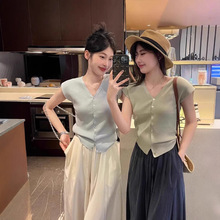 法式高级感小飞袖v领针织开衫女夏季蓝色修身百搭薄款短袖T恤上衣