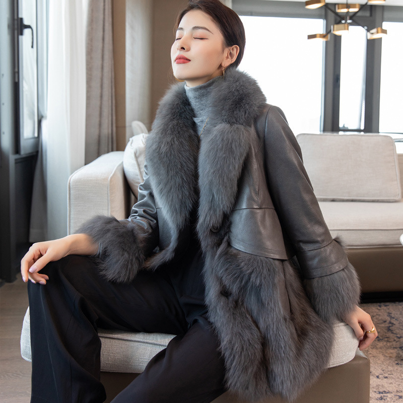 Autumn and Winter fox fur coat Women's Mid-length fashion Korean genuine leather sheepskin down coat stitching