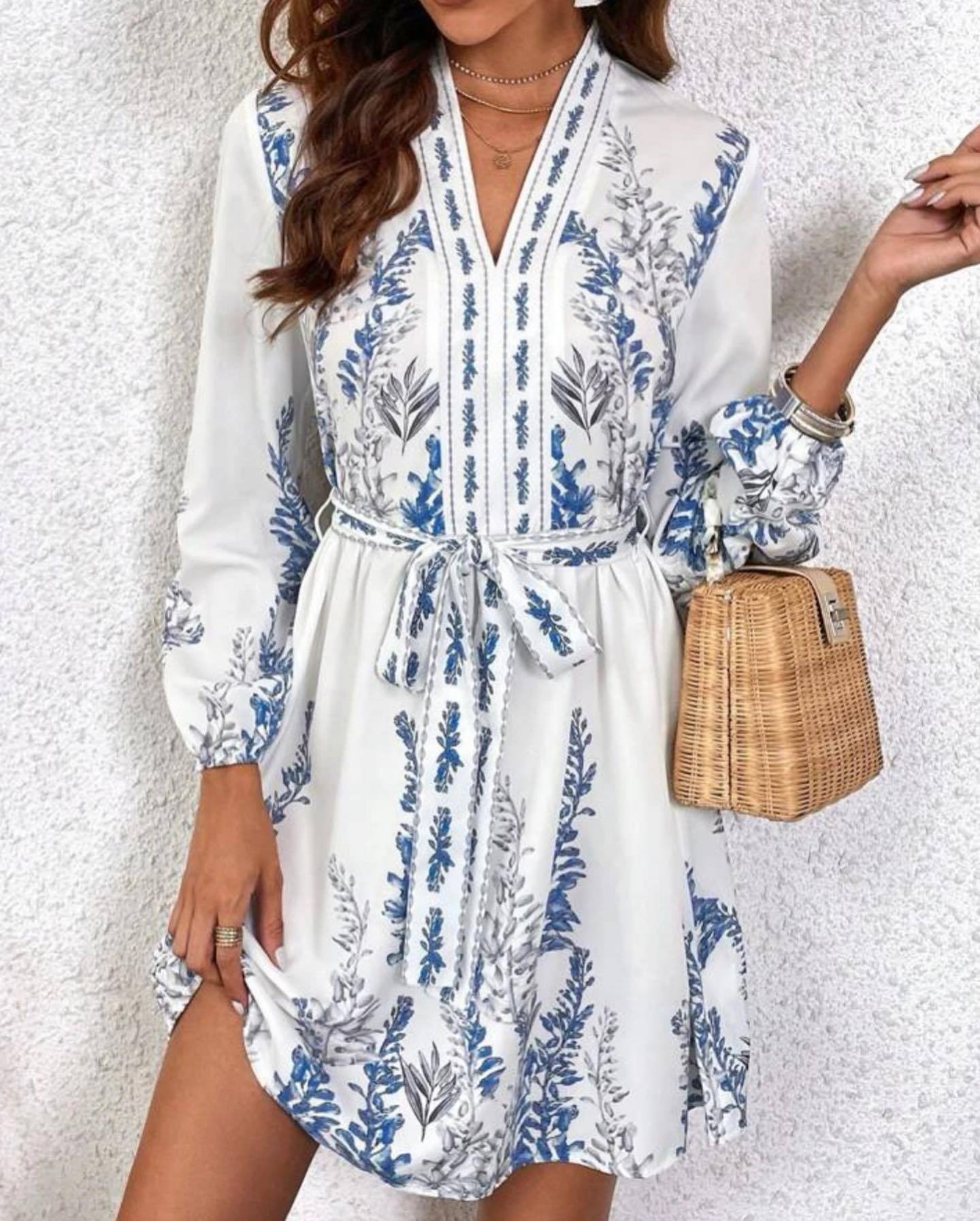 Cross-border European And American 2025 Spring New Women's Fashion V-neck Long-sleeve Bohemian Printed Dress_ecoleips.com