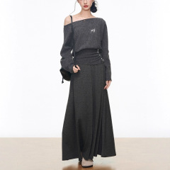 8.10新品 WESTAYONE斜肩收腰毛衣女女半身裙慵懒风套装韩系氛围感