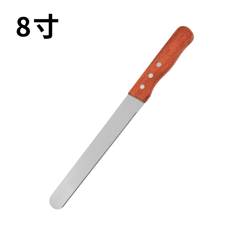 Cuchillo de pan de acero inoxidable con mango de madera al por mayor 8 pulgadas 10 pulgadas 12 pulgadas cortador de horneado dentado tostado espátula de pastel de crema