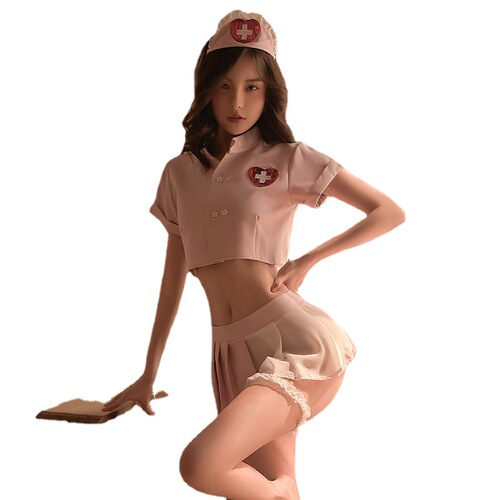 Manyan sexy lingerie, feminine, sweet, see-through short top, pleated skirt, nurse uniform suit, drop shipping 9752