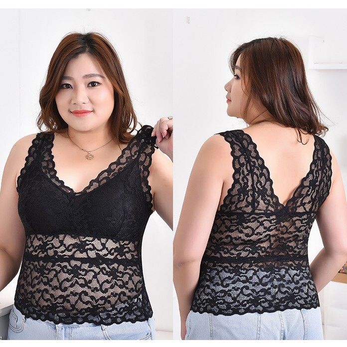 Plus-Size Women's Lace Camisole with Beautiful Back Design and Chest Pads, Black, Extra-Large Version for Curvy Women, Thin Style Top