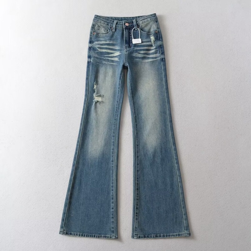 Hot girl retro low waist ripped Denim trousers women's autumn New straight slimming washed micro flared pants trousers Hot girl retro low waist ripped Denim trousers women's autumn New straight slimming washed micro flared pants trousers