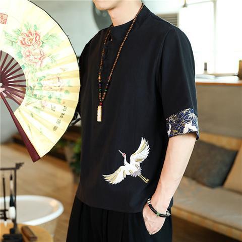 Camiseta de estilo chino para hombre verano fino grulla bordada de algodón y lino camiseta de manga corta para hombre con hebilla suelta de cinco puntos y media manga para hombre