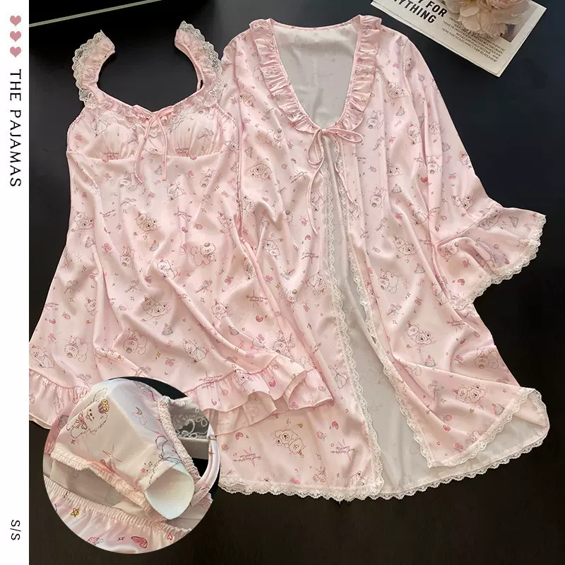 甜蜜小兔法式碎花蕾丝拼接睡裙 可爱少女家居服套装女款吊带睡衣