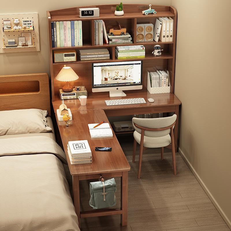 Solid Wood Corner Desk Bookshelf Integrated Table Bedroom L-shaped Semi-enclosed Computer Desk Bookcase Combination Writing Study Table